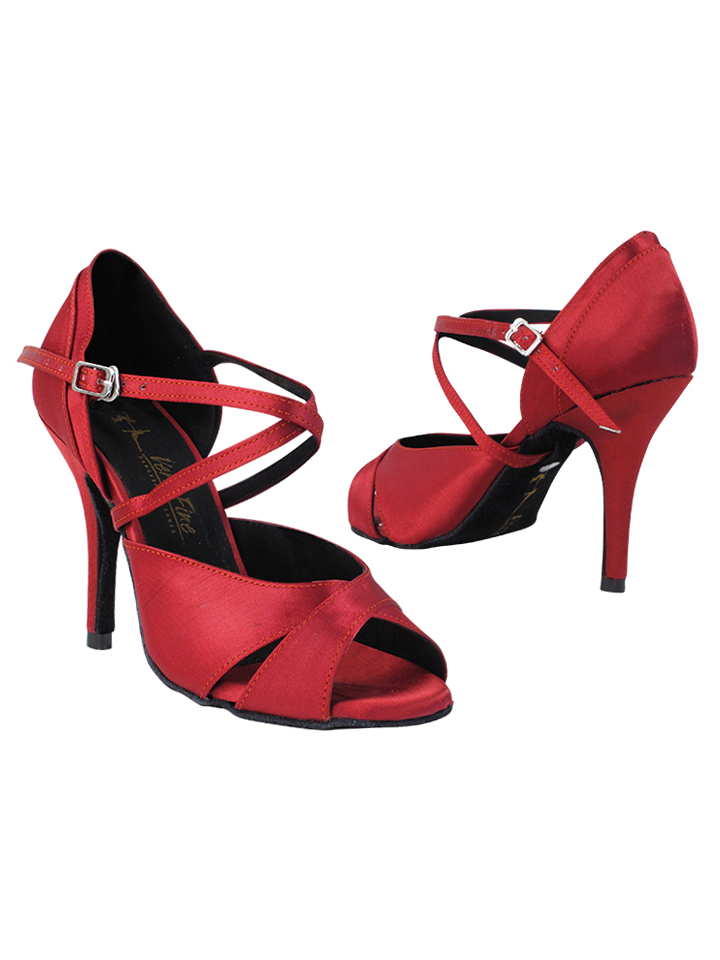 A pair of stiletto heel, open-toe, latin ballroom dance shoes in red wine satin, with a criss-cross ankle quick-release strap.