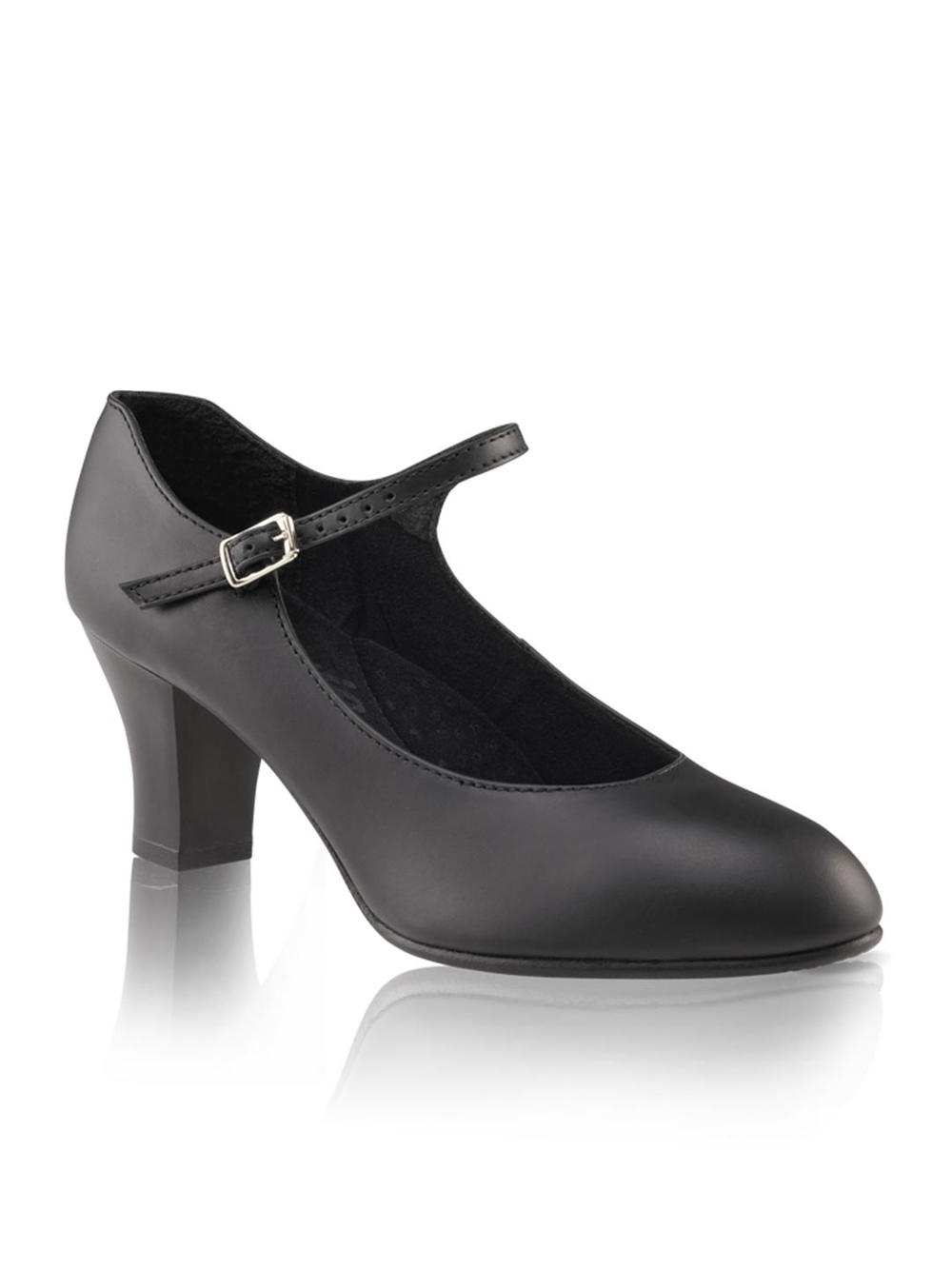 Single black character shoe with buckle strap against a plain background.