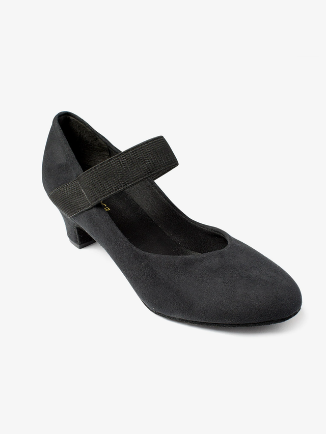 Image of a single shoe with a low heel and suede looking material, with a wide elastic strap.