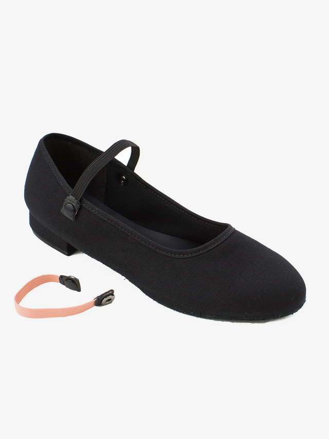 
                      
                        A single black shoe with a flat heel and single black elastic strap with button closure. A single pink strap lays next to the shoe.
                      
                    