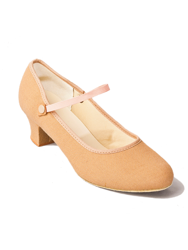 
                      
                        A single caramel colored, canvas shoe with a low heel, and pink elastic strap, against a plain background.
                      
                    