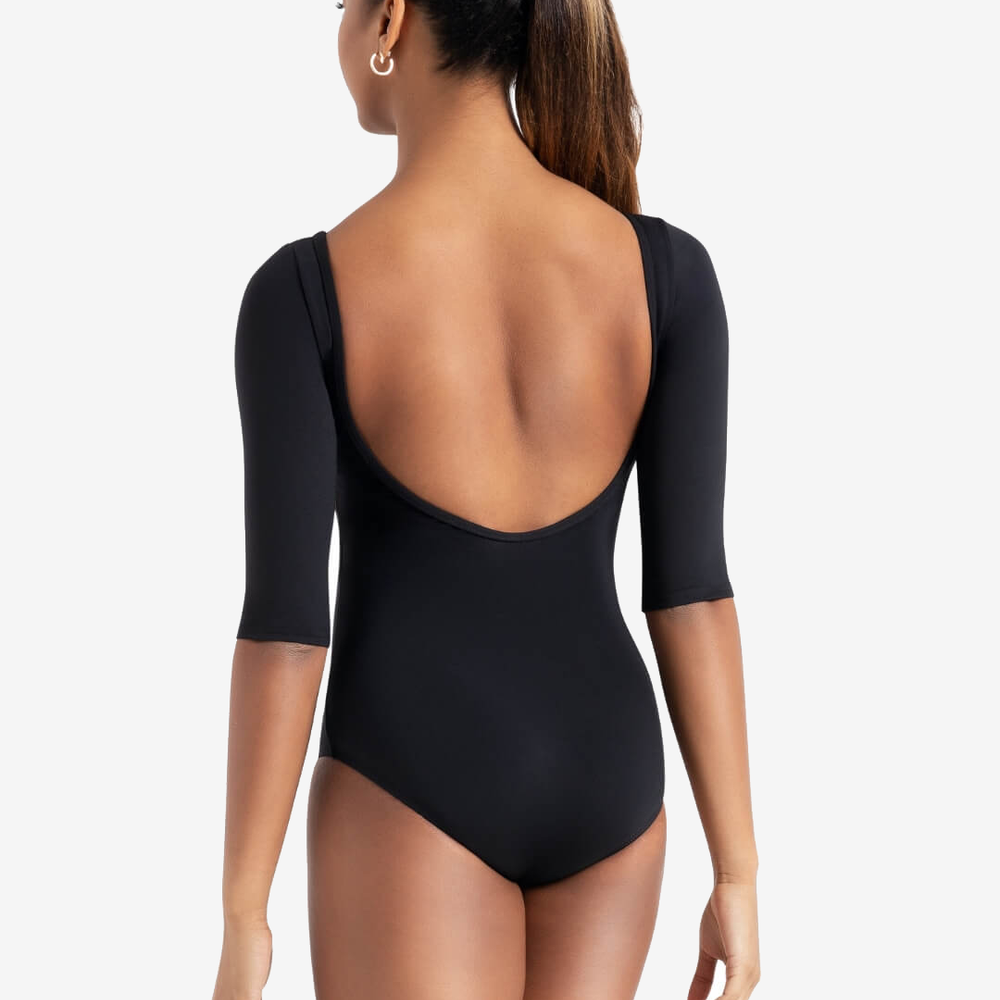 
                      
                        A person with a ponytail is shown from the back wearing a black, low back leotard with three-quarter length sleeves.
                      
                    