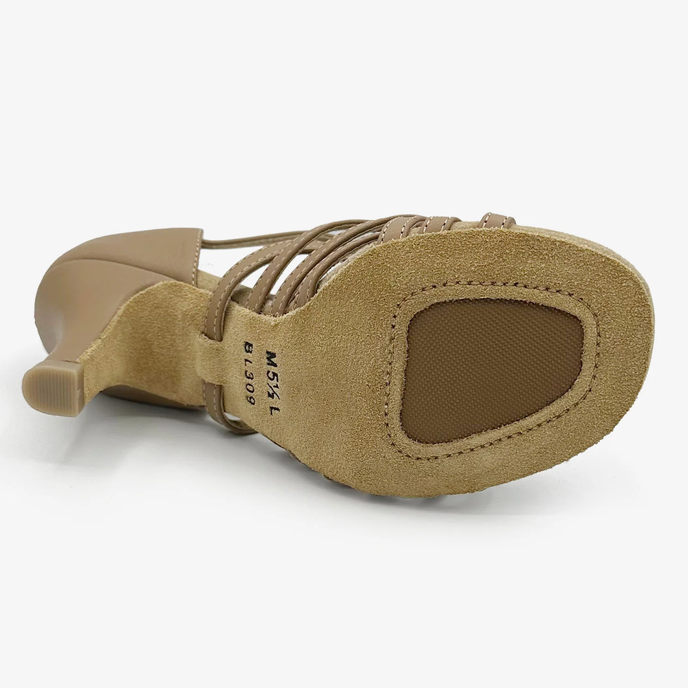 
                      
                        The bottom of a ballroom shoe, showcasing the suede bottom and extra traction center.
                      
                    