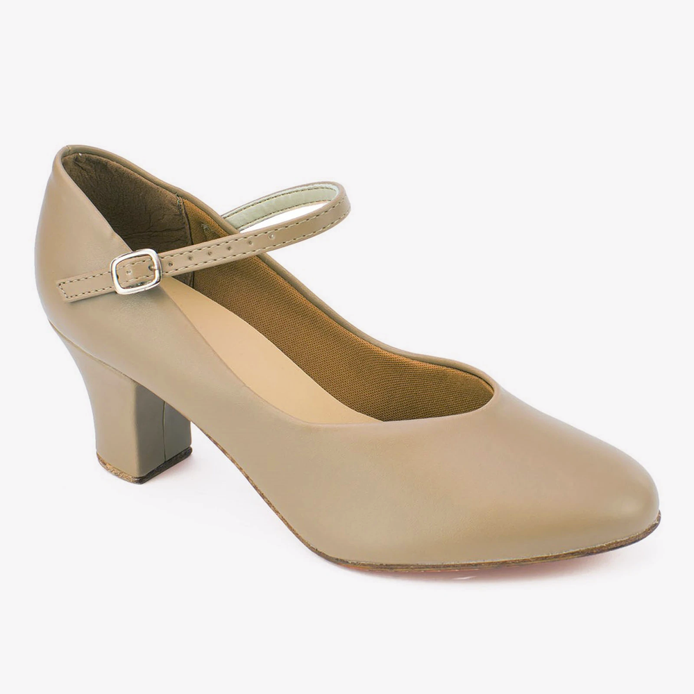 
                      
                        A light tan closed-toe shoe with 2" heel and buckle closure, against a plain background.
                      
                    