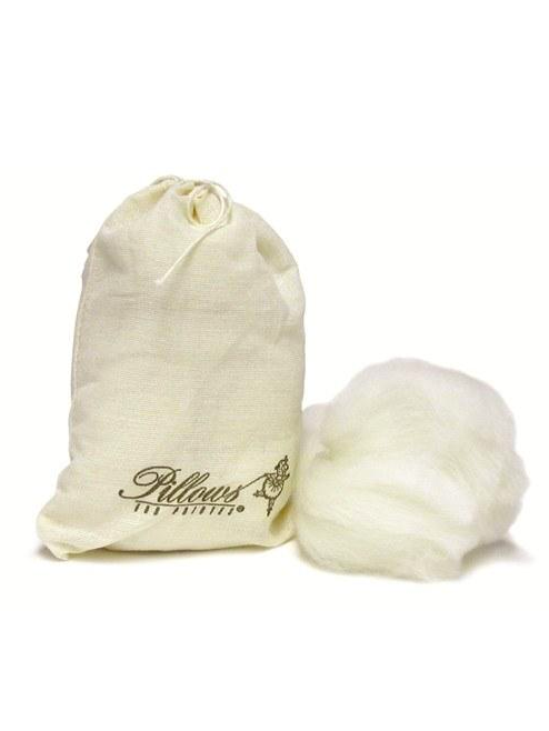 A small canvas bag with a white string enclosure and PILLOWS FOR POINTES logo on the the bottom sits next to a puff of white loose lambs wool against a white background.