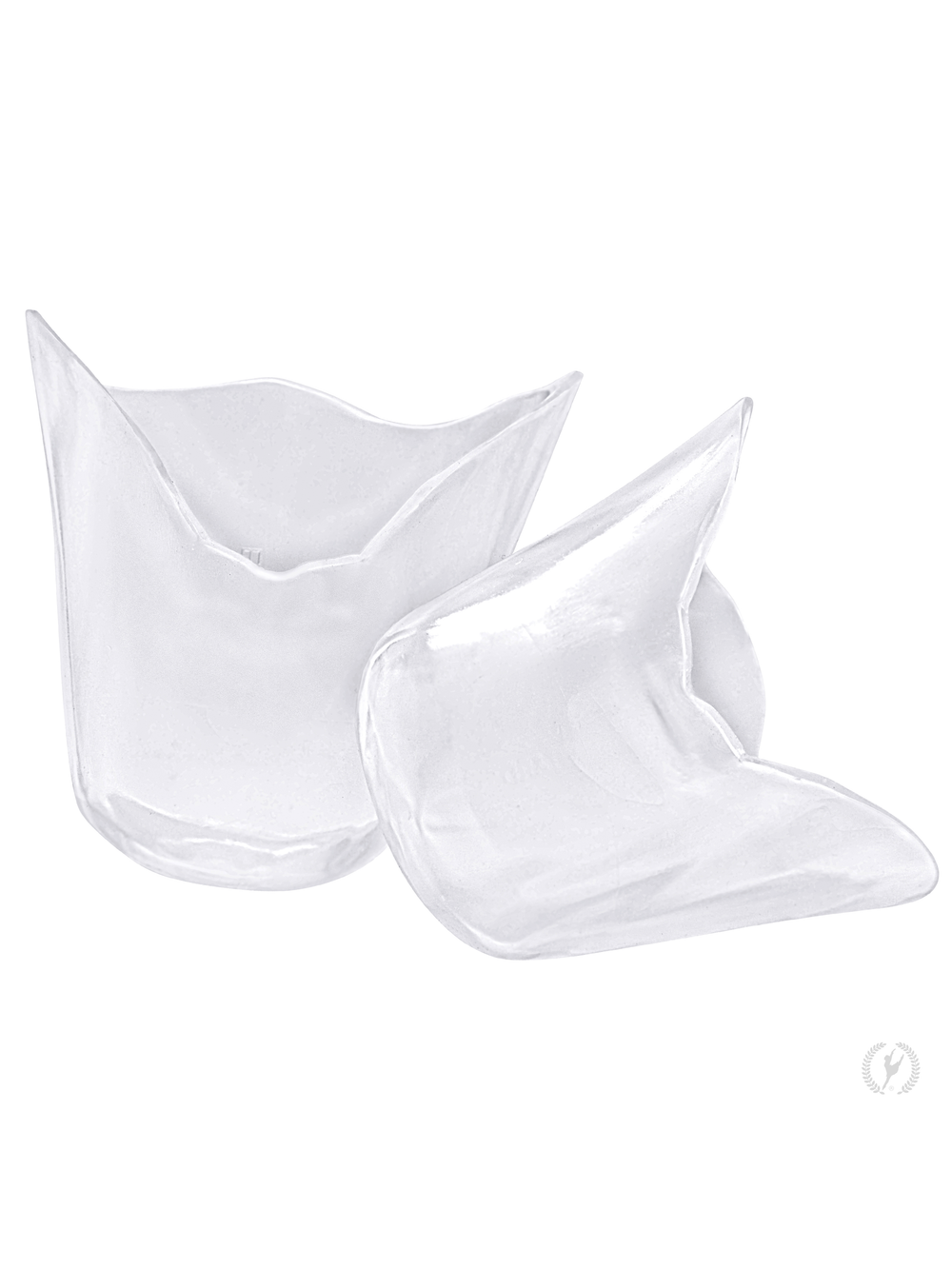 A pair of clear gel toe pads for pointe shoes lay against each other against a solid white background.