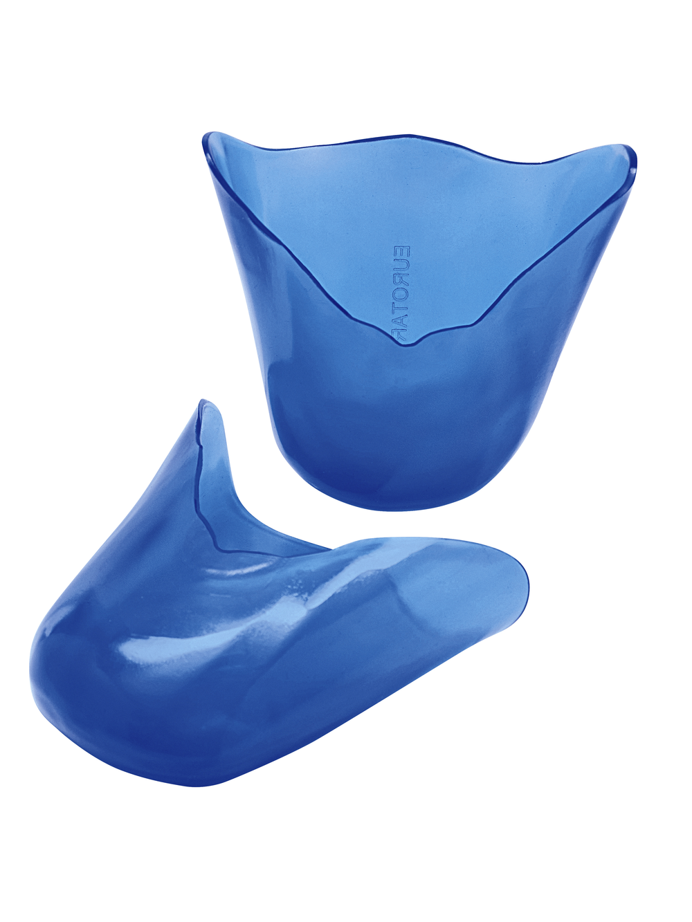 A pair of blue gel pointe toe pads, one laying down, one upright, against a solid white background.