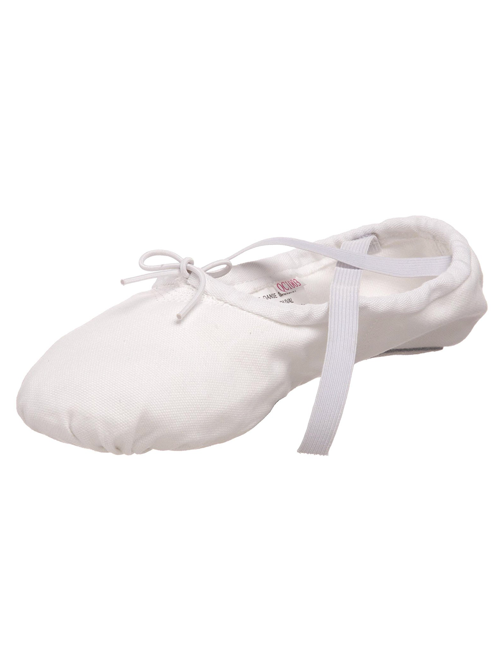 A single white canvas ballet shoe with drawstring and matching elastic attached at the heel and unattached at the front, against a plain white background.