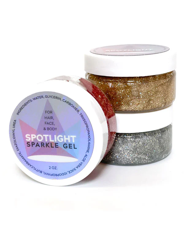 Three tubs of spotlight sparkle gel in silver, gold, and pink